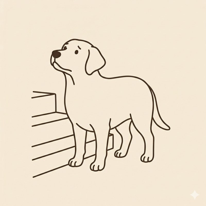 A dog hesitating at stairs